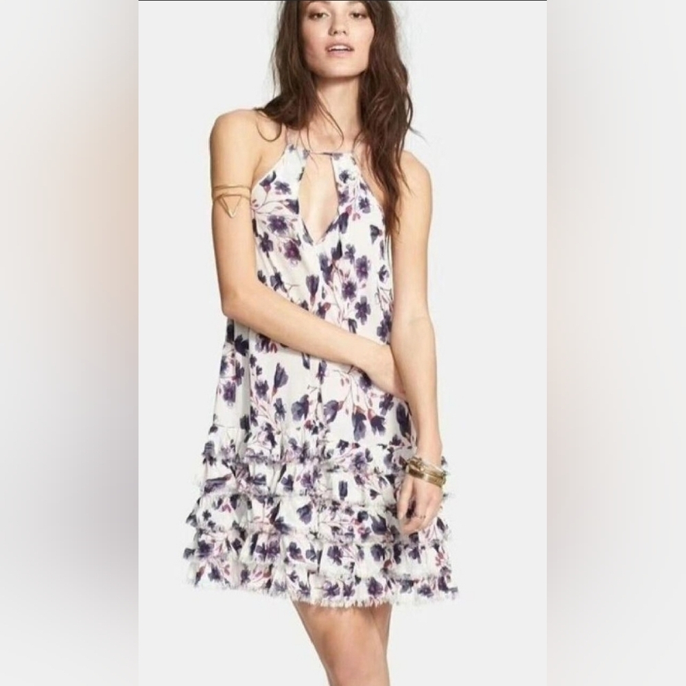 Free People Intimately Women’s Floral Feather White Purple Ruffle Mini Dress L